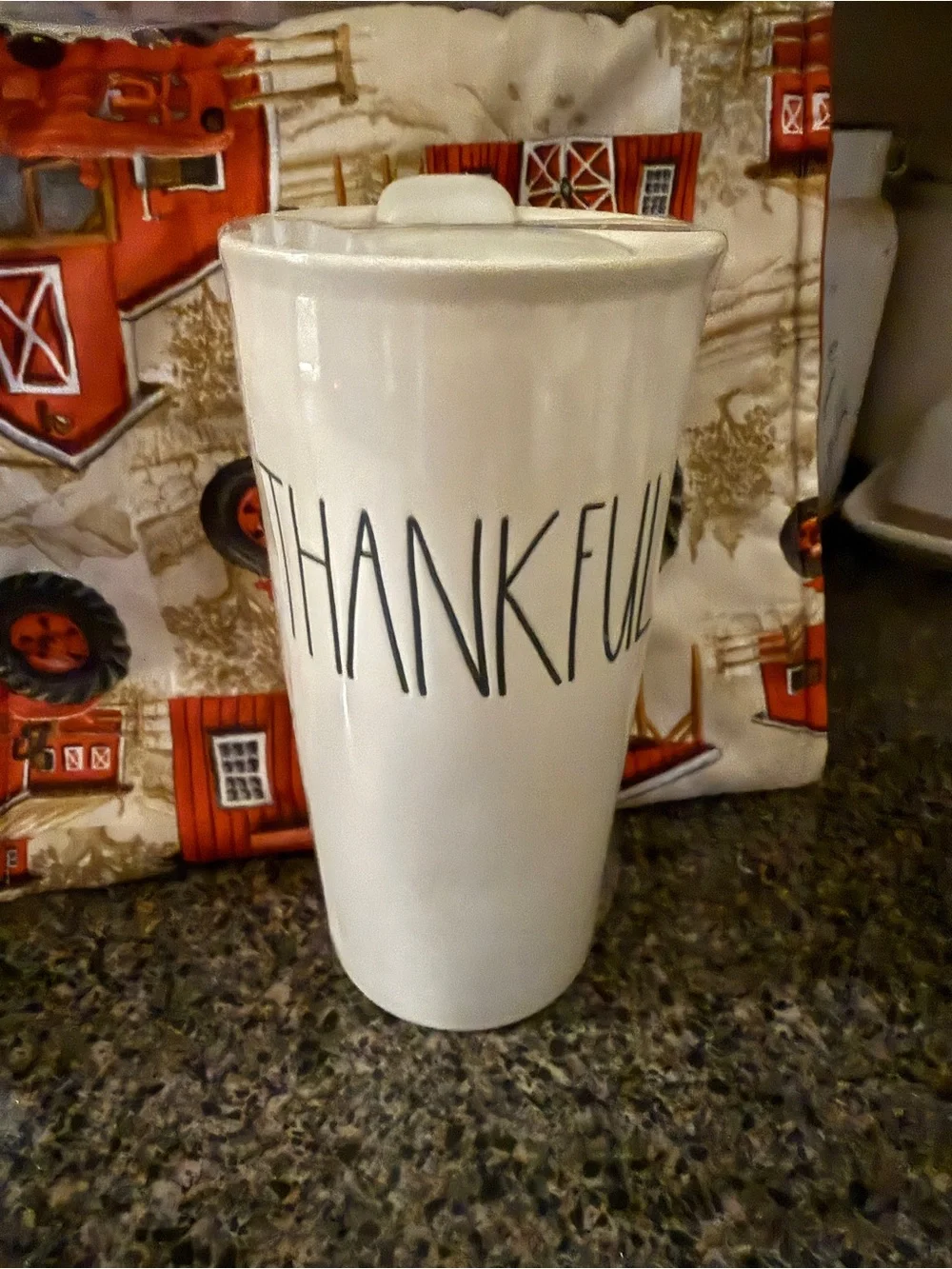 Rae Dunn White Ceramic Travel Mug with 'Thankful' Text and Lid